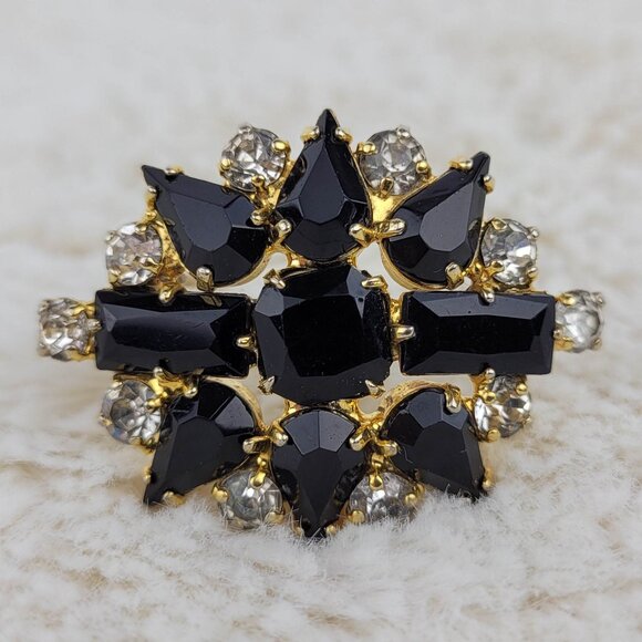 1950's Black and Clear Rhinestone Flower Pin - Picture 1 of 4